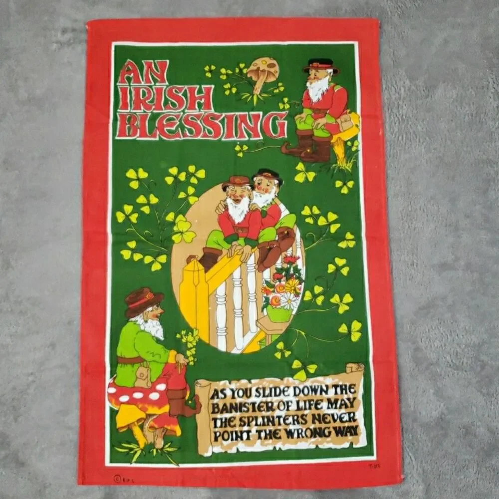 Fingal Murphy's Law & An Irish Blessing Tea Towel Clovers Mushrooms Ireland